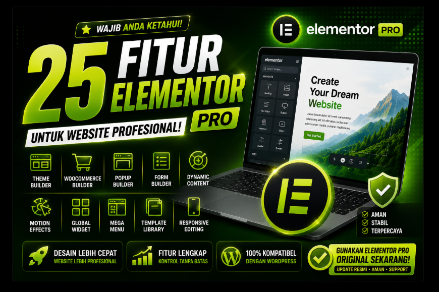Thumbnail 25 Fitur Elementor Pro yang Wajib Anda Ketahui dengan desain gradasi hijau dan hitam, menampilkan editor Elementor Pro, fitur premium, dan solusi membangun website WordPress profesional.