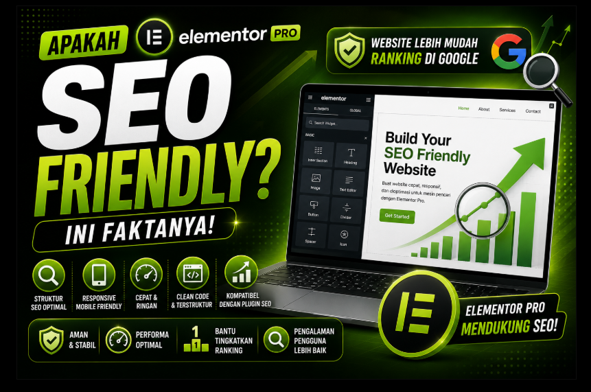 Thumbnail Apakah Elementor Pro SEO Friendly? Ini Faktanya dengan desain gradasi hijau dan hitam, menampilkan Elementor Pro, optimasi SEO, website responsif, dan peningkatan peringkat di Google.
