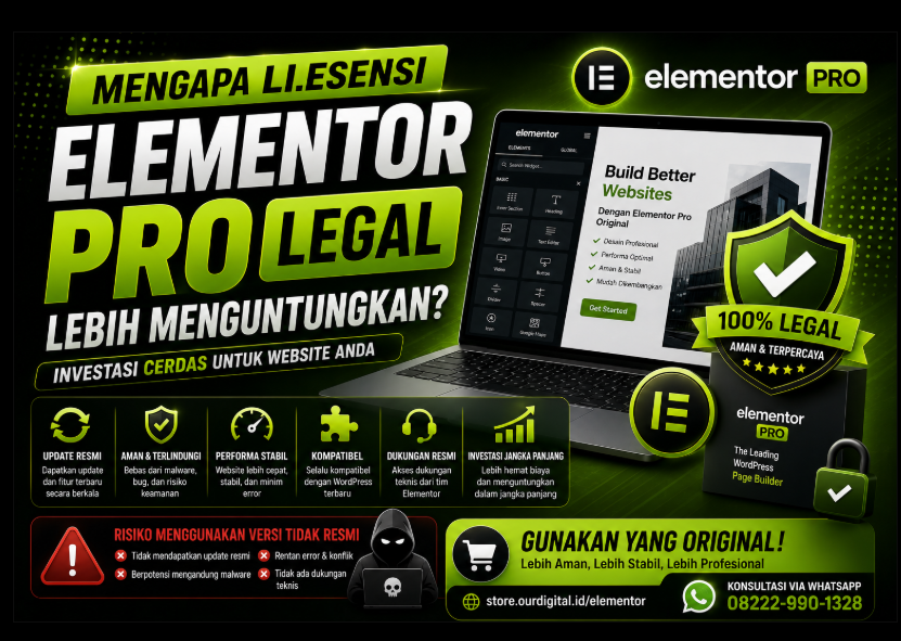 Thumbnail Mengapa Lisensi Elementor Pro Legal Lebih Menguntungkan dengan desain gradasi hijau dan hitam, menampilkan Elementor Pro Original, badge 100% Legal, ikon keamanan, update resmi, dan manfaat lisensi original untuk website WordPress.