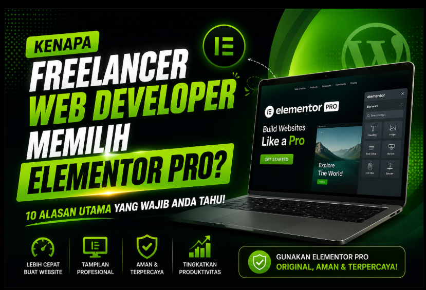 Kenapa Freelancer Web Developer Memilih Elementor Pro? Thumbnail artikel dengan desain gradasi hijau dan hitam menampilkan Elementor Pro sebagai solusi pembuatan website profesional yang cepat, aman, dan produktif.