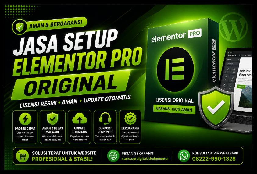 Thumbnail Jasa Setup Elementor Pro Original Aman & Bergaransi dengan desain gradasi hijau dan hitam, menampilkan lisensi resmi, update otomatis, keamanan dari malware, dan support responsif untuk website WordPress.