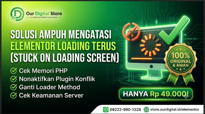 Thumbnail artikel SEO dari Our Digital Store dengan judul 'Solusi Ampuh Mengatasi Elementor Loading Terus (Stuck on Loading Screen)'. Menampilkan monitor komputer dengan grafis masalah loading (ikon X merah) vs solusi (checkmark hijau), daftar checklist perbaikan, badge '100% Original & Aman', dan harga promo 'HANYA Rp 49.000!'.