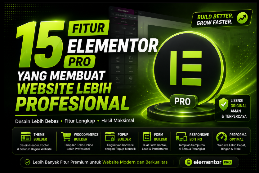 Thumbnail artikel 15 Fitur Elementor Pro yang Membuat Website Lebih Profesional dengan desain gradasi hijau dan hitam serta ilustrasi Elementor Pro Original.
