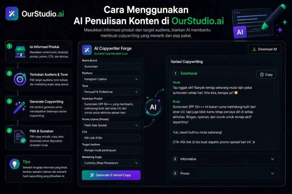 penulisan konten dengan Ourstudio.ai